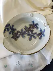 studio pottery bowl with blue floral design signed casserole