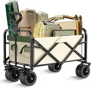 Menbyci Collapsible Folding Wagon,Portable Large Wagon cart with W Heels Foldable,Bearing Capacity 175kg Beach Wagon,10CM Wide Big Wheels & Adjustable Stroller Wagon,Outdoor Utility Wagon Beige Green