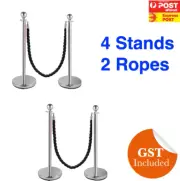 4 Silver Queue Barriers Stand 2 Twisted Ropes Crowd Control Bollards Stanchion