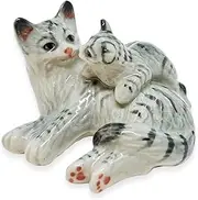 [ChangThai Design] Tiny 2" Gray Lying Tabby Cat Mom and Baby - Miniature Hand Made Ceramic Cats Kittens Kitty Feline Animals Cute Porcelain Decorative Figure Collectible Figurines Décor Pet Lovers Gifts