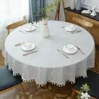 Round Tassel Plaid Tablecloth, Heavy Weight Cotton Linen Fabric Table Cover f...