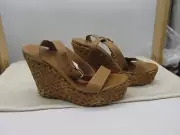 Prada Tan Leather Woven Design Platform Wedge Sandals 4.5" Height Sz 39 Sz 9