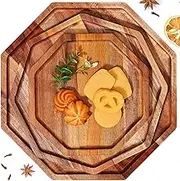 3 Pieces Acacia Wood Serving Tray Wooden Octagon Bread Fruit Platter Large Decorative Plates Charcuterie Cheese Platter Board Vegetable Food Dish for Salad Pizza Cupcakes (12 Inch, 10 Inch, 8 Inch)