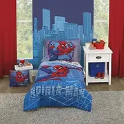 Marvel Spiderman Wall Crawler Red, White, and Blue Spider Webs 4 Piece Toddler Bed Set - Comforter, Fitted Bottom Sheet, Flat Top Sheet, and Reversible Pillowcase