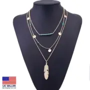 Fashion Women Chain Jewelry Necklace Feather Sequins Round Bead Multilayer