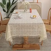 Rectangle Crochet Lace Tablecloth, Hollow Ivory Lace Table Cover with Tassels, Vintage Country Cotton Blend Lace Overlay Table Cloth for Tea Coffee Dining Table, Party Wedding Banquet, 55"x63"