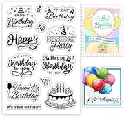 INFUNLY Happy Birthday Words Clear Stamps 6.3"×4.3" Sentiment Words Clear Stamps with Birthday Cake for Card Making Celebrate Silicone Stamps Words Clear Stamp for Birthday Gift Scrapbooking