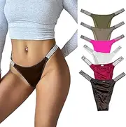 [4UFIT] Women's Ice Silk Rhinestone Thongs Low Waist High Cut Bikini Underwear Hipster T Back Panties 6 Pack