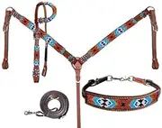 Showman Red & Turquoise Beaded Southwest Design Single Ear Leather Headstall & Breast Collar Set