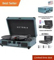 Lightweight Smoky Blue Portable Record Player with Built-In Speakers & Bluetooth