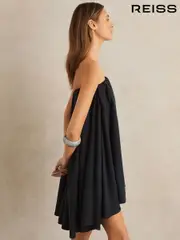 Reiss Indigo Flo Tencel Strapless Dip-Hem Mini Dress (F30574) | $325