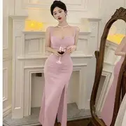 Sleeveless Sweetheart Neck Plain Slit Maxi Sheath Dress Nude Pink - S