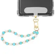 Phone Wrist Strap, Pearl Beaded Phone Charm with Tether Tab, Blue & White
