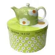 Tea Pot, Green, White & Orange Daisies 70's Retro Style by Yedi Housewares