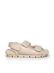 Ecru Leather Logo Shearling Lined Sandals