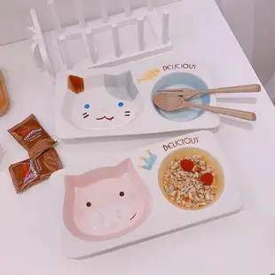 卡通兒童分餐盤陶瓷貓咪豬豬分格盤家用水果碟子減肥餐早餐盤子