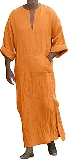 [Generic] Men's Muslim Cotton Linen Robe V Neck Short Sleeve Summer Loose Fit Breathable Casual Fashion Daily Wear Top, D#orange, X-Large, D#orange, X-Large