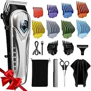 Hair Clippers for Men&Women, 5 Hours Cordless Hair Cutting Kit with 10 Combs, LED Display, Low Noise Professional Beard Trimmer Barber Clippers Hair Cutting Kit with Scissors,Cape (Silver)