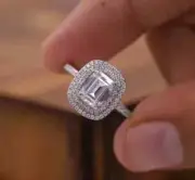 3Ct Emerald Cut Lab Created Diamond Halo Engagement Ring 14K White Gold Plated