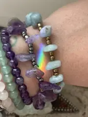Amethyst Gunmetal Beaded Stretch Bracelet Healing Energy Crystal Jewelry Natural