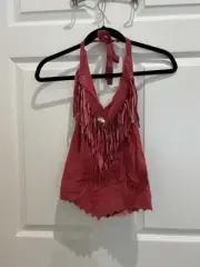 Legacy Leather Pink Fringe Halter Top Bra Punk Boho Concert Festival