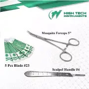 1 Scalpel Knife Handle #4 + 5 Pcs Sterile Surgical Blades #23 + Mosquito Forceps