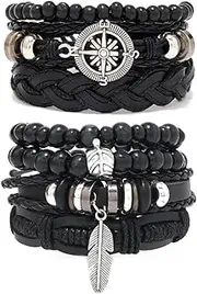 [Tomovely] 7 Pcs Leather Bracelets Set for Women Men Braided Wooden Beads Wrap Cuff Cord Adjustable Men's holiday gifts