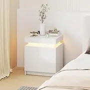 ADVWIN LED Bedside Table, Nightstand with Lift Up Storage and 2 Drawers, High Gloss Cabinet for Bedroom Living Room Furniture,White