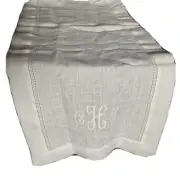 NEW WILLIAM SONOMA White Linen Table Runner Monogrammed 16x60" CHJ Hemstitched