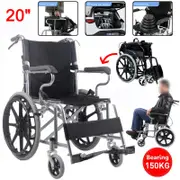 20" Foldable Wheelchair Park Brakes Lightweight Soft Mobility Aid Disabled Fold Black