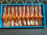 24k Gold PL. Appetizer Fork & Spoon Set Korea Cherry Tree Branch & Bird Enamel