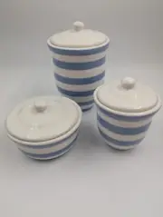 Vintage Pottery Barn Blue Striped Ceramic Bathroom Canister Storage Set of 3