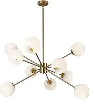 BOKT White Milk Glass Hanging Chandelier 10 Lights Mid Century Modern Globe Sputnik Chandelier Gold Pendant Light Fixture Frosted Glass Large Adjustable Dining Room Ball Hanging Chandelier