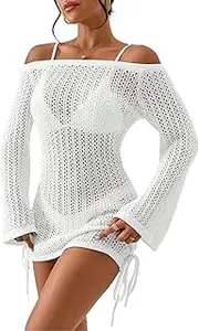 [SISKIN] Women's Bathing Suit Beach Cover Up Crochet Knit Tops Mesh Hollow Out Dress Drawstring Without Sexy Bikini