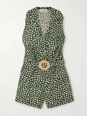 [Cara Cara] Cara Cara - Yuki Belted Pleated Polka-dot Linen Playsuit - Green - small small Green
