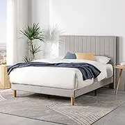 Zinus Queen Bed Frame DEBI Fabric Platform Light Grey Base Mattress, Tall Headboard, Wooden Slat Support Steel, Bedroom Furniture