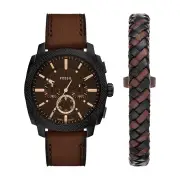 Fossil Machine Chronograph Brown Leather Watch and Bracelet Set FS6102SET