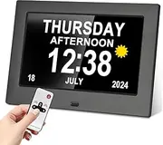 Dementia Clock - 7 Inch Dementia Clock for Seniors - Digital Clock with Date & On Time Alarms - Auto Night Dimming - Remote Control - Alzheimers Clock for Elderly (Black)