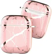 Airpod Case For Apple Airpods Gen 1 & 2 - Electroplated Marble Luxury Design Protective Cover With Clip Keychain - Supports Wireless Qi Charging For Airpods Generation 1 & 2 - Pink & Gold Marble