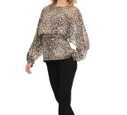 NWT DKNY $69 Leopard-Print Cape-Sleeve Blouse Top Size- PM