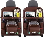2X PU Leather Car Seat Back Organiser Storage Bag Foldable Table Tray Cup Holder (2x)