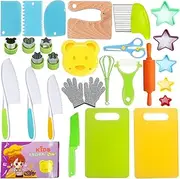 Kids Knife Set,28Pcs Toddler Knife Set,Kids Knife Set for Real Cooking with Gloves,Crinkle Cutter,Fruit Cutter,Dough Cutters,Kids Cutting Board and Wooden Safe Knives for Cooking Fun and Present