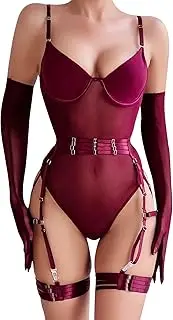 [ZPLxi] Women's Lace Lingeries Sets Sexy Backless Adjustable Halter Underwire Bra Bodysuit Teddy Babydoll Sleepwear with Garter Stockings