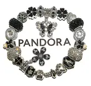 AUTHENTIC Pandora Bracelet With Black European Charms Butterflies, Lucky Ladybug