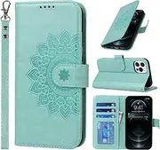 Cavor Wallet Case for iPhone 12, iPhone 12 Pro 6.1'' PU Leather Case Magnetic 3D Embossed Flower Women Flip Kickstand with Card Holder Wristlet Hand Strap Protective Cover-Flower Light Green