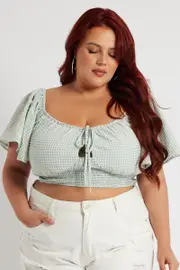 Green Check Crop Top Short Sleeve Cut Out