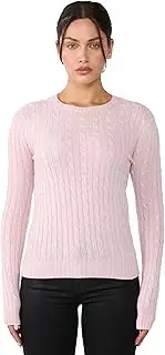[JENNIE LIU] Women's 100% Cashmere Cable-Knit Long Sleeve Pullover Crew Neck Sweater, Petal Pink, Medium