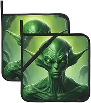 Green Alien Potholders BBQ Pot Holders for Heat Resistant Potholder, Hot Pads,Cooking Baking(2-Pack)