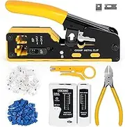 RJ45 Crimp Tool Kit, Ethernet Pass Through Crimper, Network Cat5 Cat6 Cat7 Crimping Tool Repair Kit Includes Cable Tester, Mini Stripper, Blades, 50Pcs Connectors and Strain Relief Boots