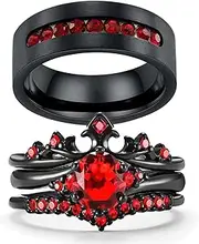 [Ringcrown] Couple Rings Matching Ring Black Crown Ring Red CZ Womens Wedding Ring Sets Titanium Steel Man Wedding Bands